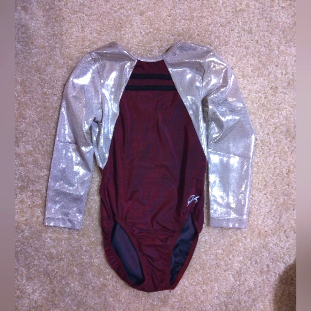 Long Sleeve Red w/ Silver Sleeve GK Elite Sportswear Competition Leotard Size M